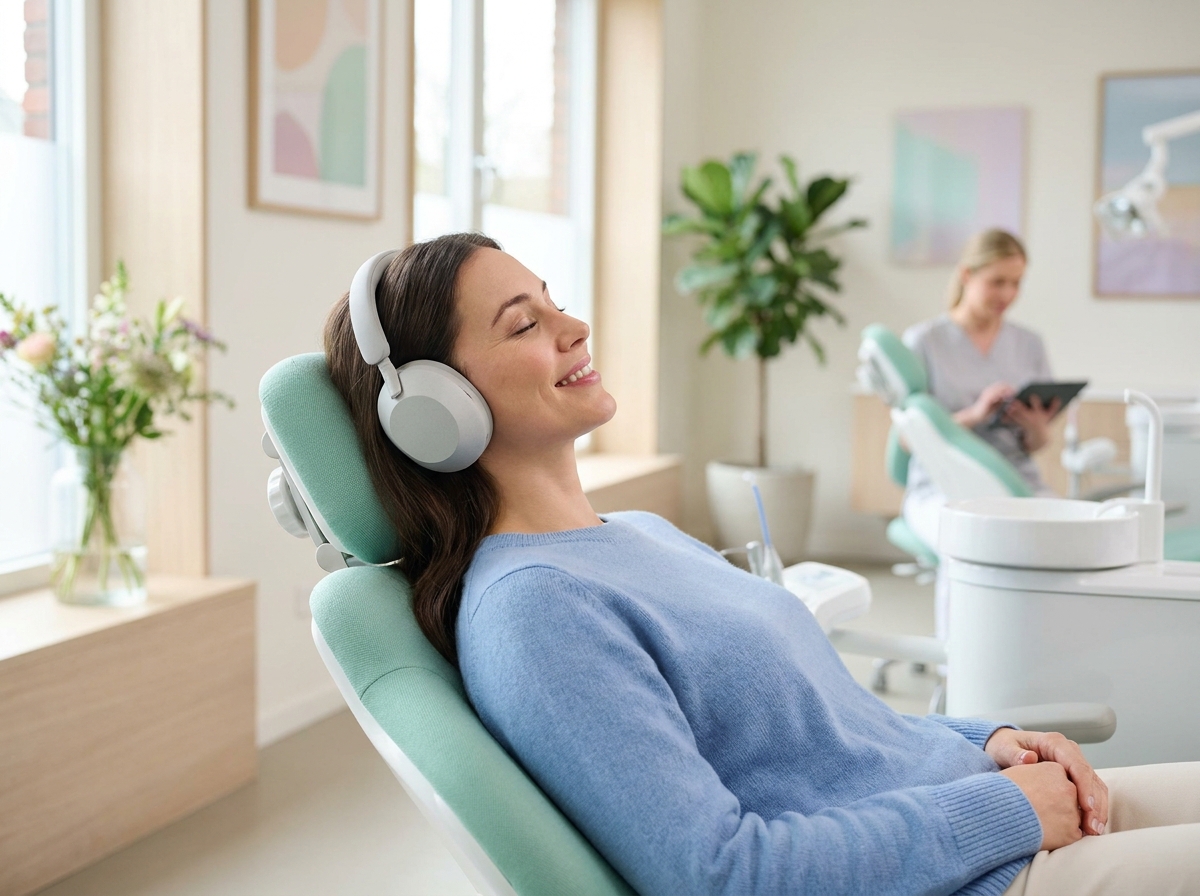 Kulaklıkla müzik dinleyerek diş koltuğunda rahatça gülümseyen bir hasta